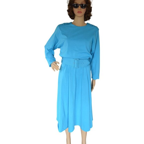 Vintage 80s Paquette Too! Bright Blue Belted Dress Womens Modern Size Medium - Picture 1 of 9